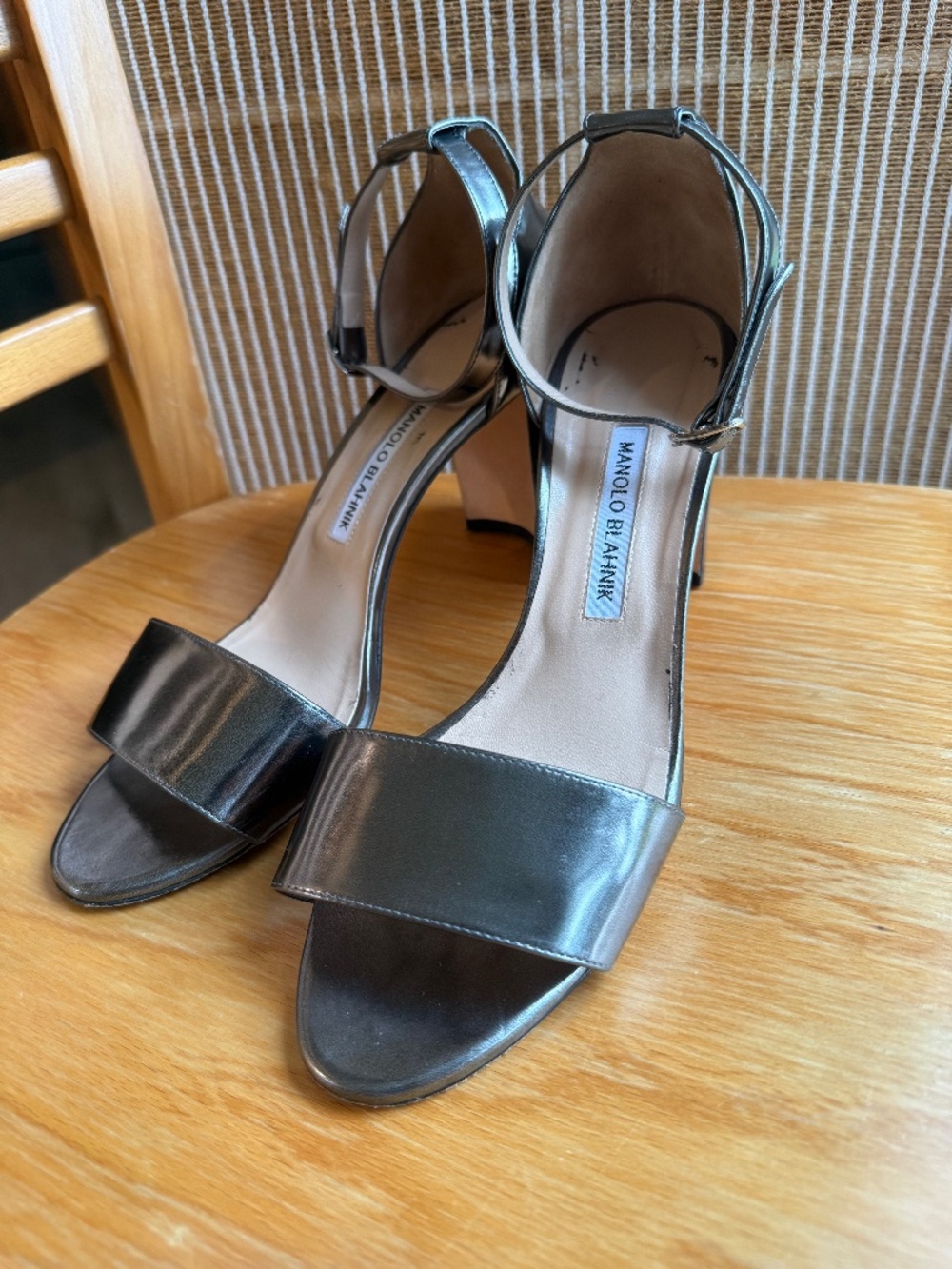 Manolo Blahnik Lauratom Gunmetal Leather Sandals